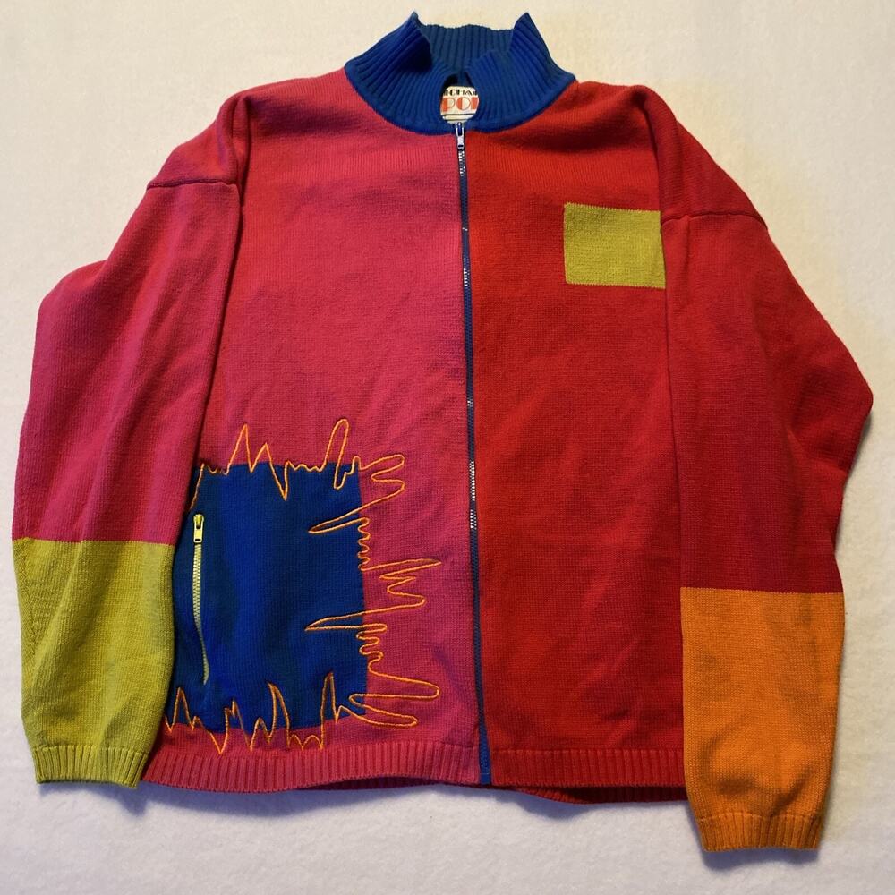 Vintage 80s Richard Sport Sweater Cardigan Womens SMALL Red Pink Blue Eclectic